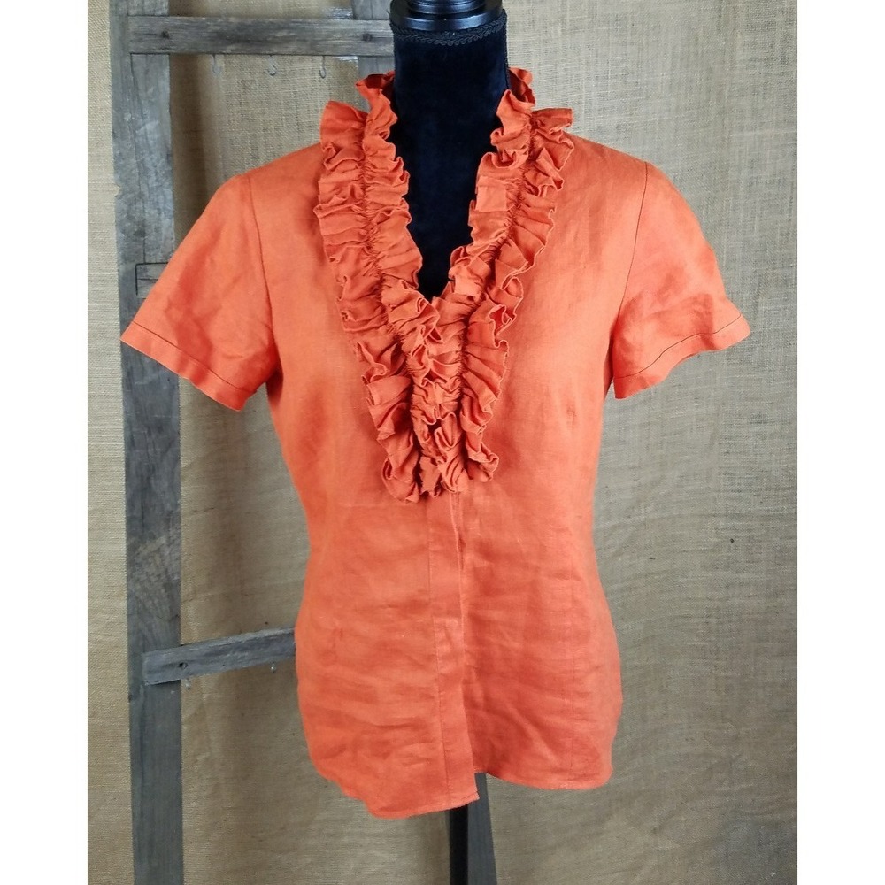 Lafayette 148 women 4 ruffles linen orange short sleeve shirt career Boho Preppy